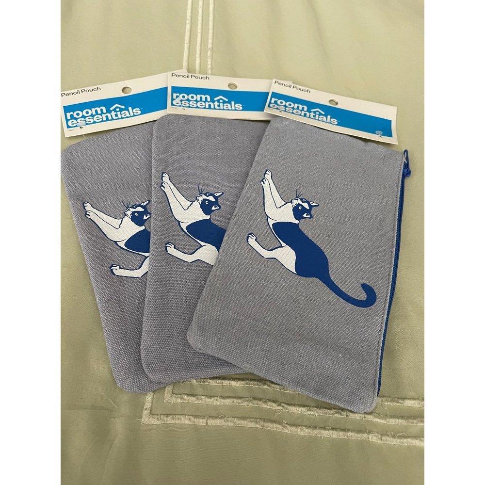 Room Essentials Blue Kitty Cat Canvas Pencil Bag Set - Set of 3 - Picture 2 of 9